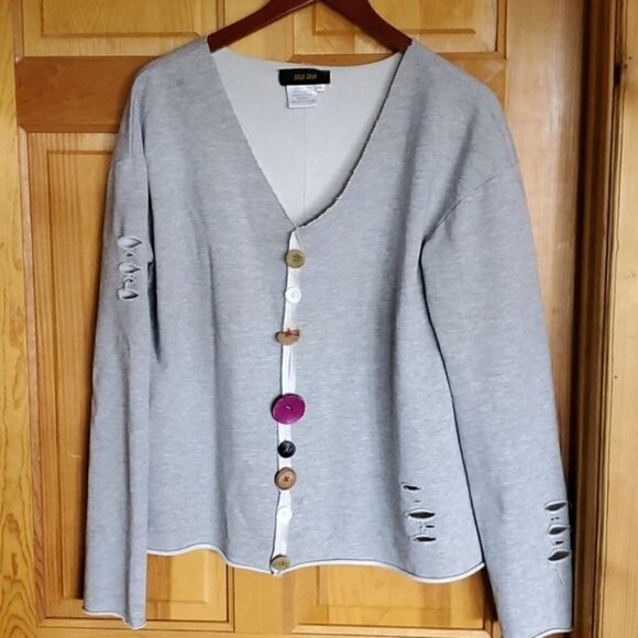 Bala Bala Distressed Grey Raw Edges Unique Vneck with Accent Buttons Sweatshirt - Picture 2 of 9